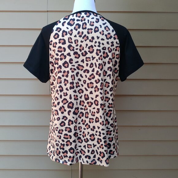 Animal Print Raglan Short Sleeve Top Cream Black Cheetah Blouse - Picture 7 of 9